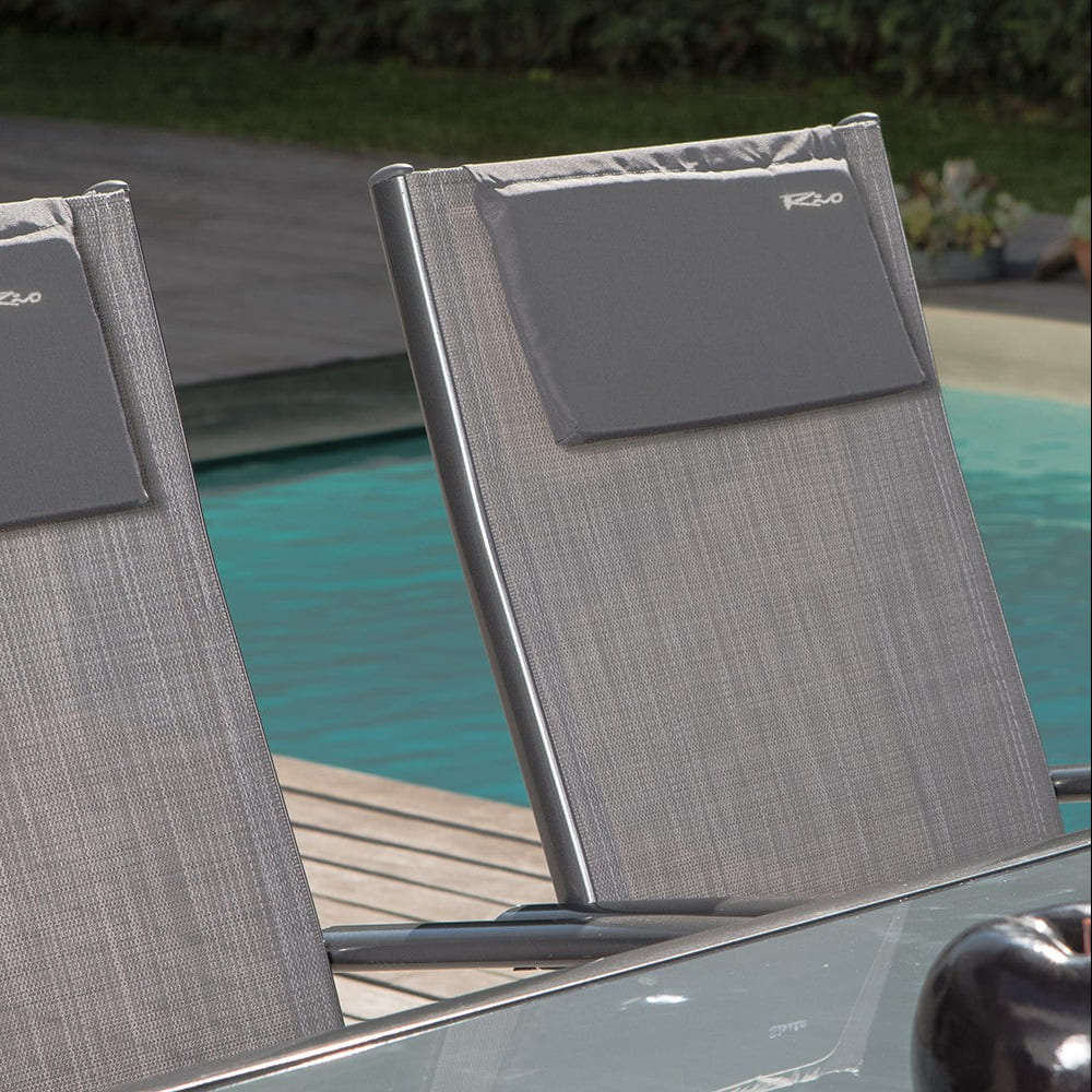 POSITANO - Set grădină cu masă sticlă, 6 scaune reclinabile și umbrelă 270 cm