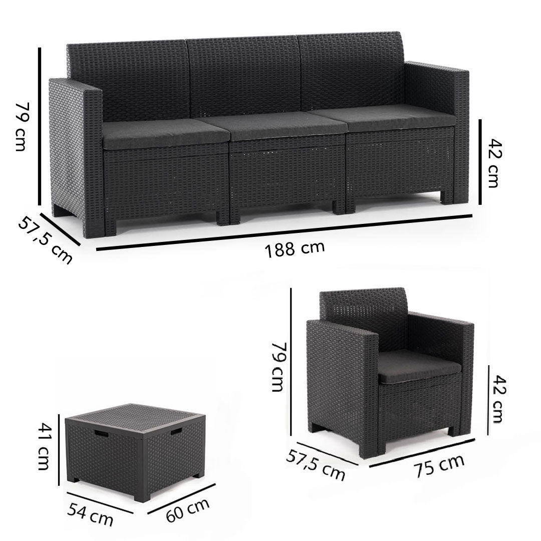 SALINA 3 - Set de grădină compact cu canapea cu 3 locuri, fotolii și masă