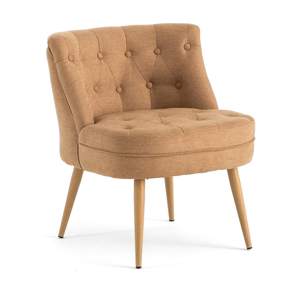 COSTANZA fotoliu elegant din țesătură cu design capitonné, spătar confortabil și picioare din metal efect lemn, ideal pentru living și dormitor