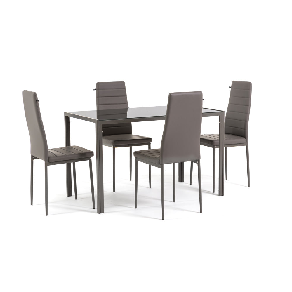 Ettore+Lidia – set masă bucătărie cu 4 scaune, masă cu blat din sticlă și scaune tapițate confortabile, pentru bucătărie, sufragerie sau living modern.