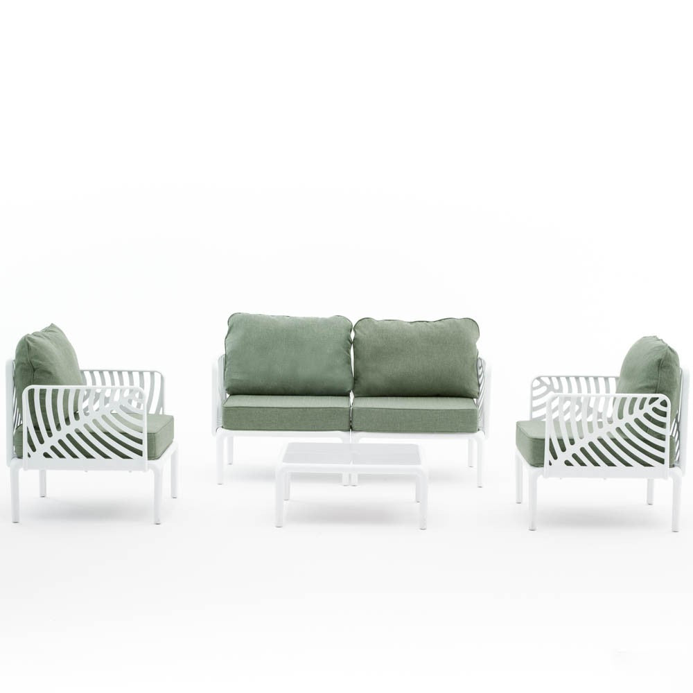 KENZIA set de grădină cu design inspirat din frunze, canapea, fotolii și masă cu blat din sticlă pentru living outdoor elegant.