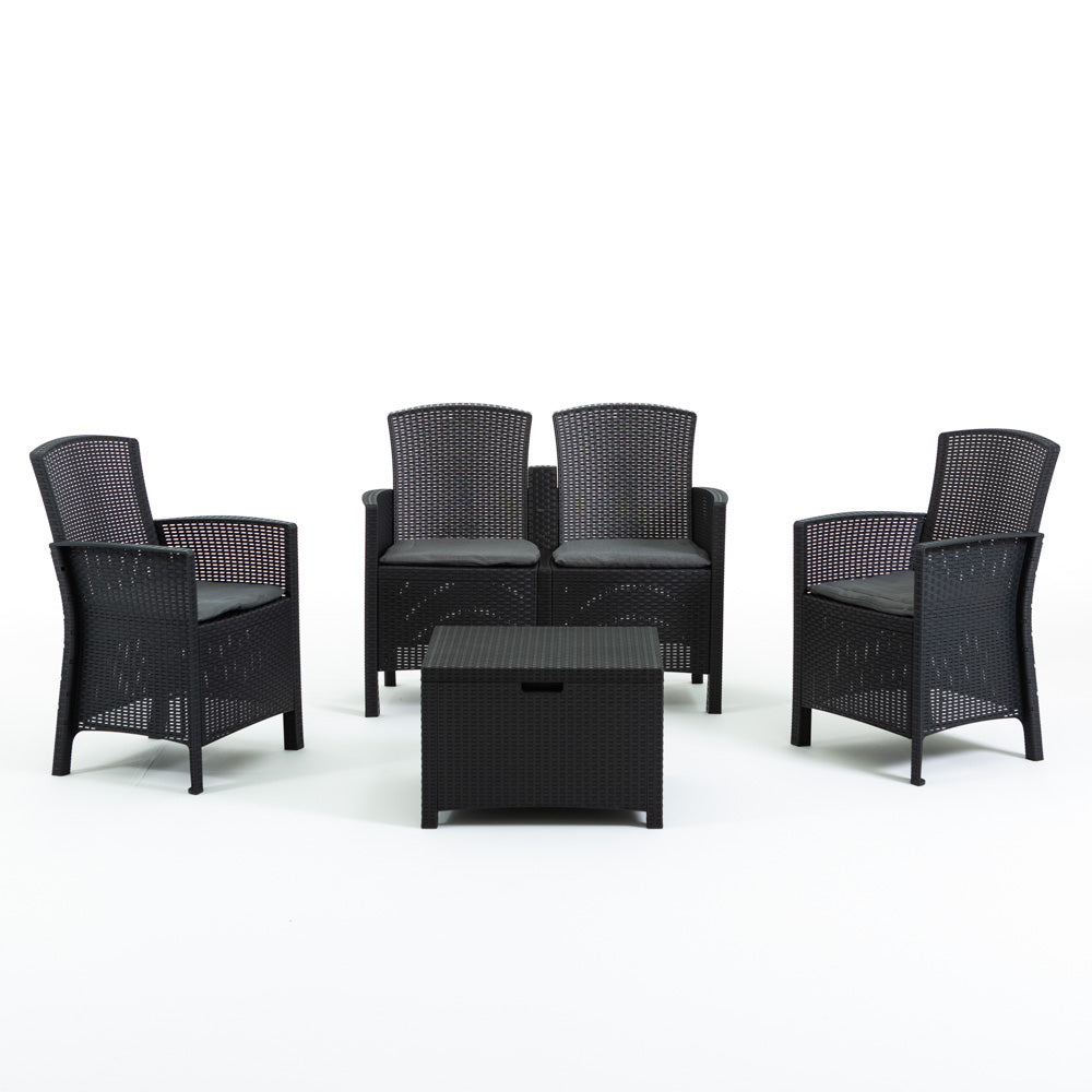 LUGANO set de grădină efect rattan cu două fotolii, canapea și masă cu spațiu de depozitare pentru living outdoor elegant