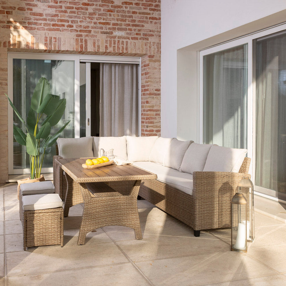 FIRENZE - Set exterior poliratan cu divan colțar mare, poufuri și masă pentru dining