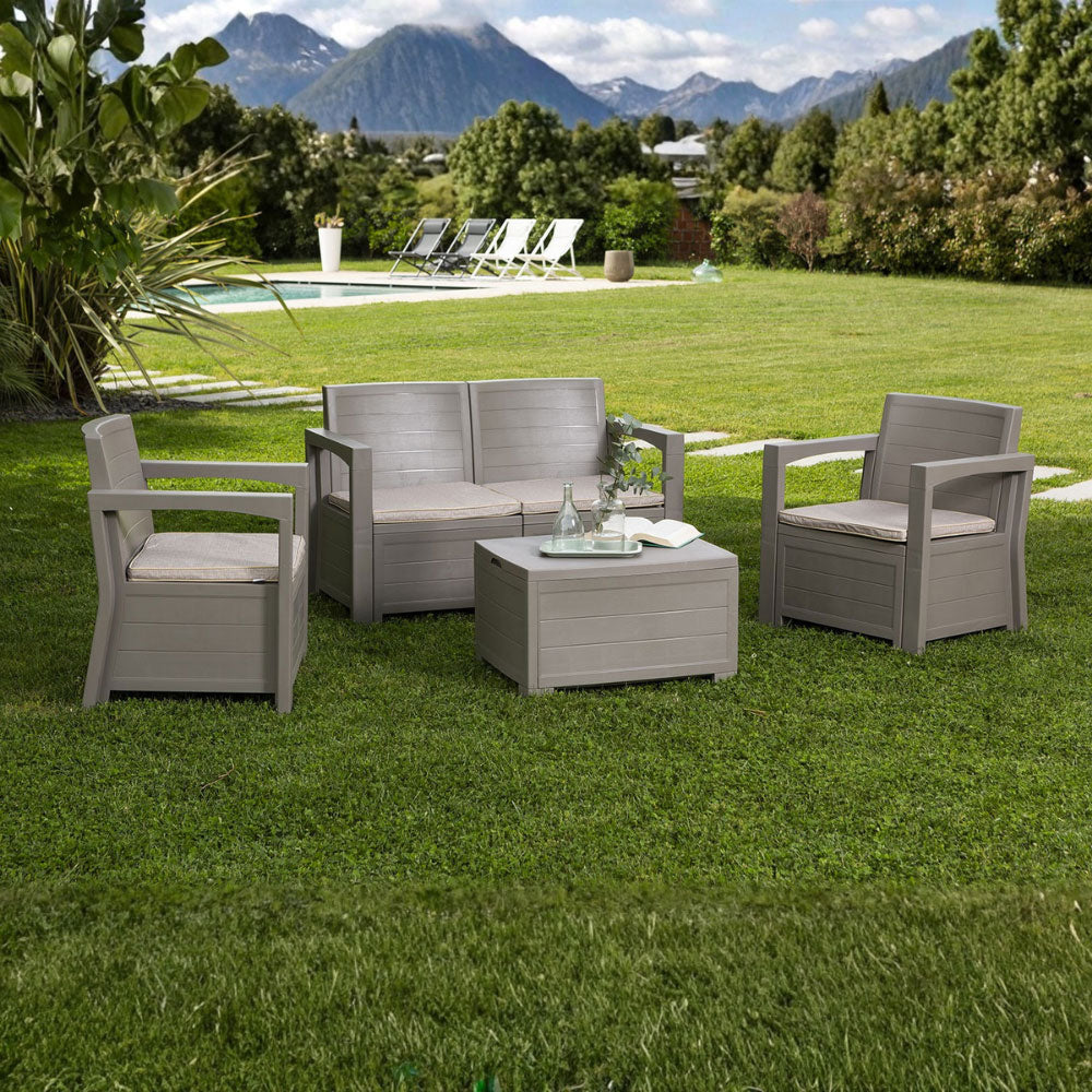 LICATA - Set mobilier grădină cu efect lemn, canapea, fotolii și masă