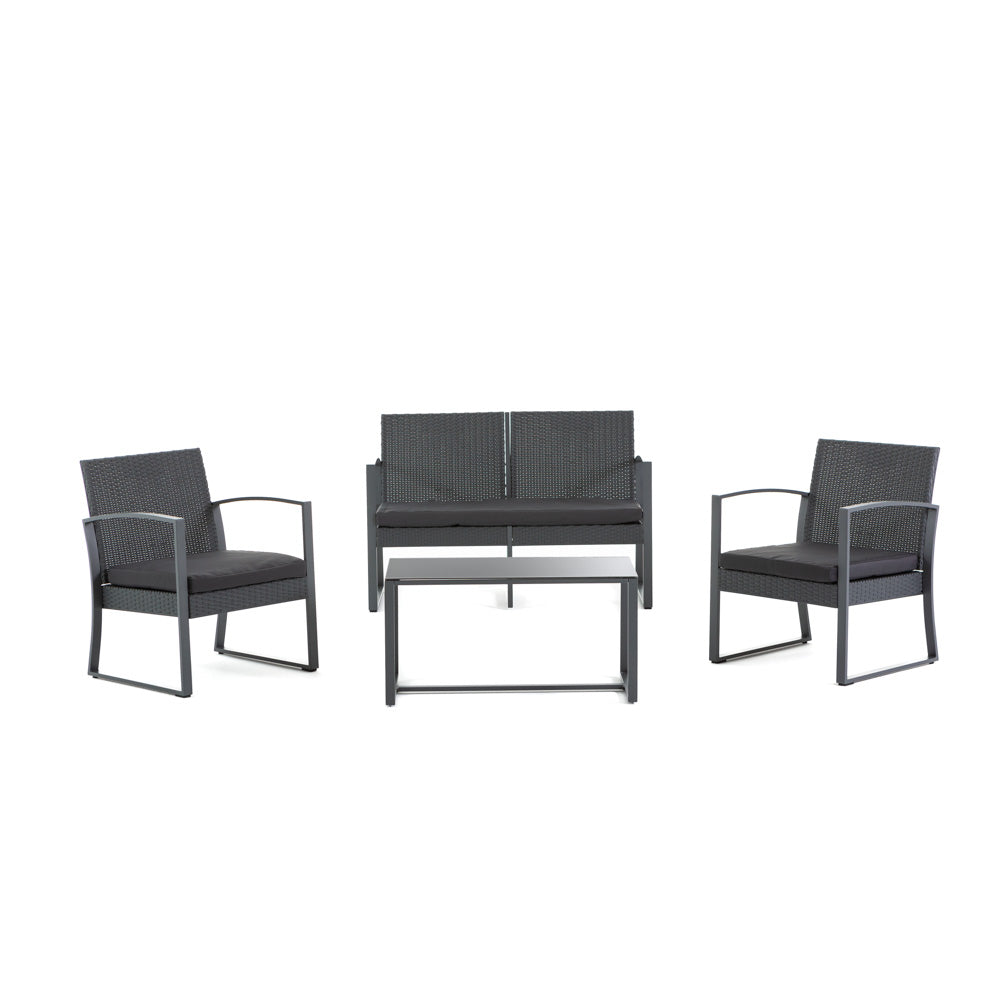 OLBIA set de grădină cu divan, două fotolii și masă cu blat din sticlă, design modern pentru living outdoor