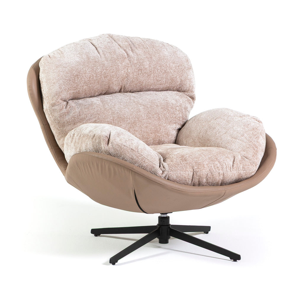 Penelope, fotoliu rotativ pentru relaxare cu șezut moale din catifea și exterior din piele eco, design modern ideal pentru living și dormitor.