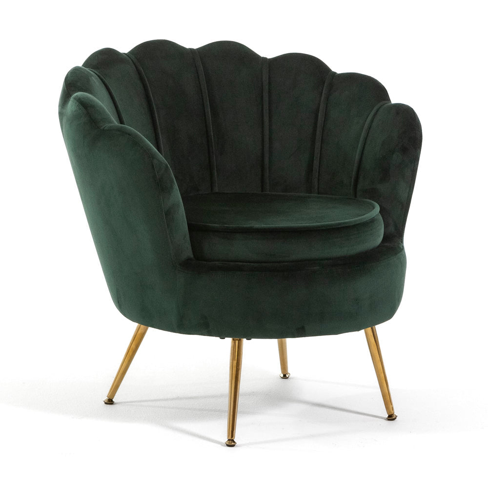 Perla, fotoliu relaxare din catifea cu design tip scoică și picioare aurii, elegant și modern, ideal pentru living, dormitor sau spații rafinate.