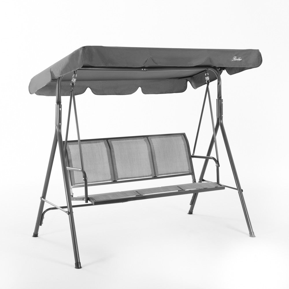 Polaris - Balansoar grădină metalic 3 locuri, cu șezut textilene și acoperiș reglabil. Compact, rezistent și ideal pentru terasă sau balcon.