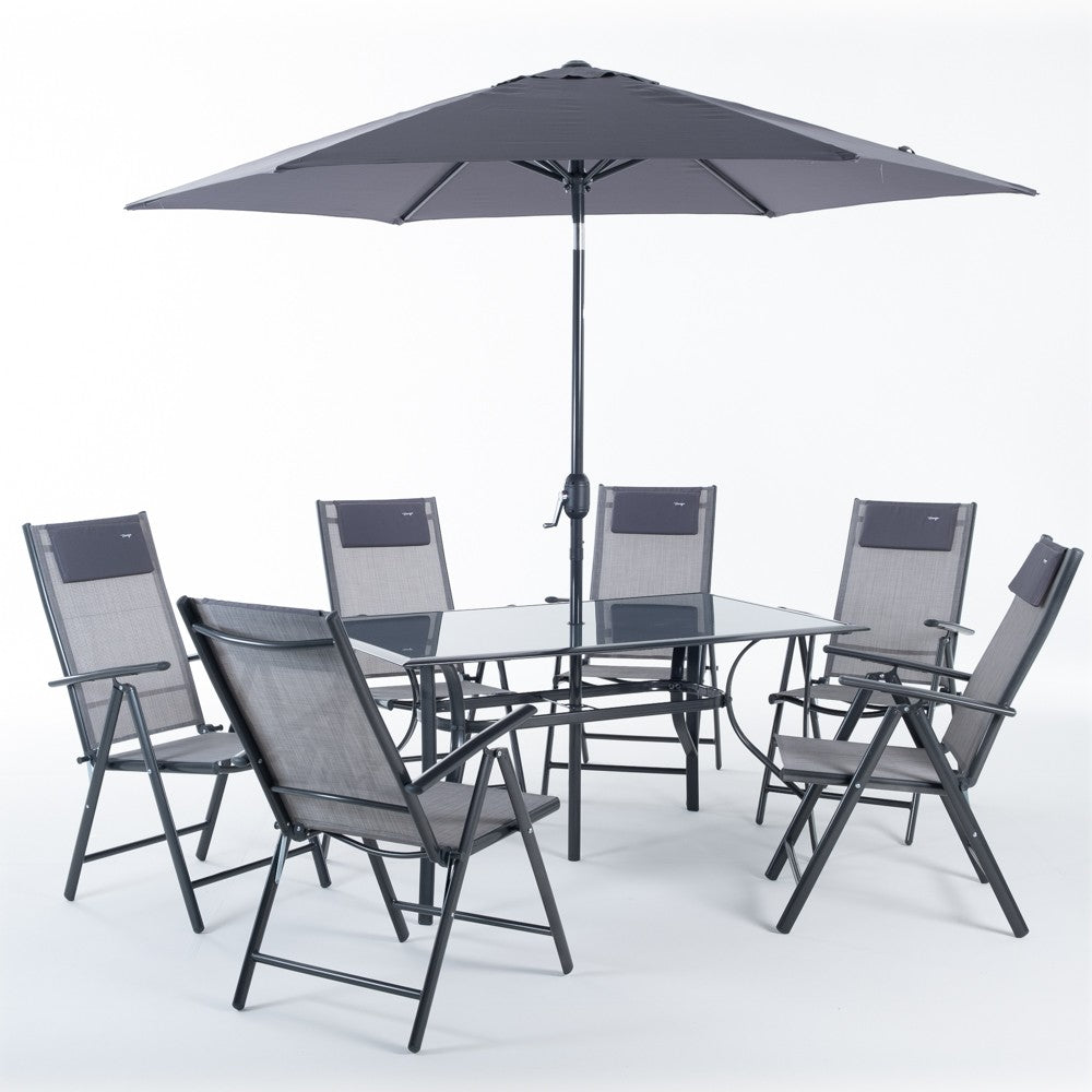 Positano – Set grădină cu masă din sticlă, 6 scaune reclinabile și umbrelă. Design modern, materiale rezistente, ideal pentru balcon sau terasă.