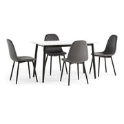 Set de bucătărie Vasco & Laura cu masă 120x70 cm și 4 scaune tapițate Laura, blat efect marmură albă, picioare metalice negre, design elegant pentru sufragerie