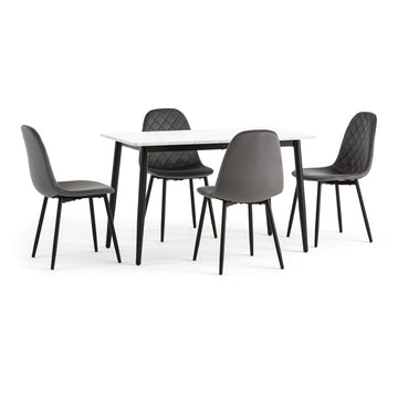Set de bucătărie Vasco & Laura cu masă 120x70 cm și 4 scaune tapițate Laura, blat efect marmură albă, picioare metalice negre, design elegant pentru sufragerie