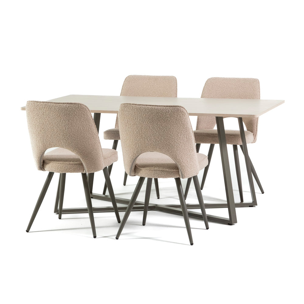 Set masă bucătărie Damiano cu 4 scaune Ketty, masă dreptunghiulară 160x90 cm cu blat melaminat efect lemn și bază metalică tortora, ideal pentru set mobilier sufragerie modern.
