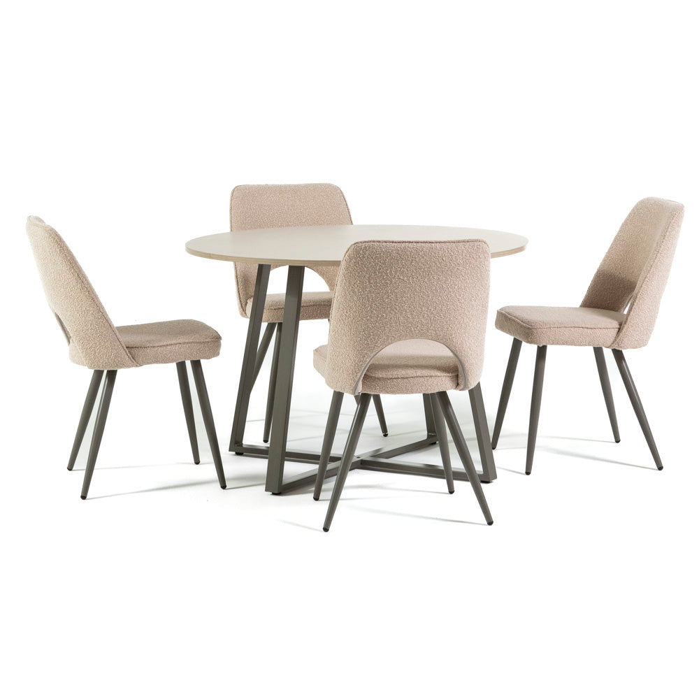 Set masă bucătărie Damiano cu 4 scaune Ketty, masă rotundă Cu blat melaminat efect lemn și bază metalică tortora, ideal pentru set mobilier sufragerie modern.
