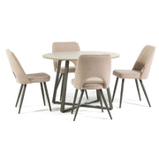 Set masă bucătărie Damiano cu 4 scaune Ketty, masă rotundă Cu blat melaminat efect lemn și bază metalică tortora, ideal pentru set mobilier sufragerie modern.
