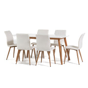 Set masă bucătărie Ruben cu 6 scaune Tania, masă extensibilă din MDF cu picioare din lemn și scaune tapițate din ecopiele, ideal pentru set mobilier sufragerie modern.