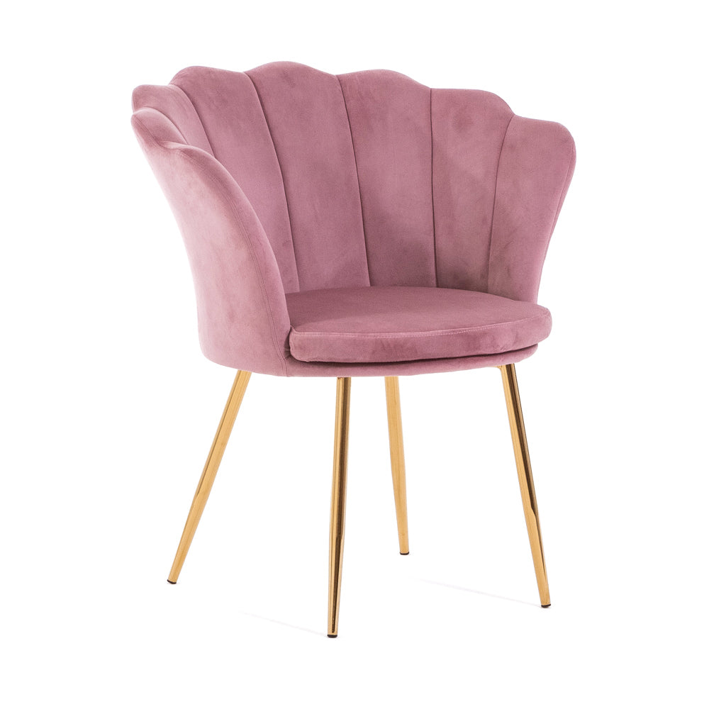 Shelly, fotoliu elegant din catifea cu picioare metalice subțiri aurii/argintii, design tip petală ideal pentru living, dormitor și spații rafinate.