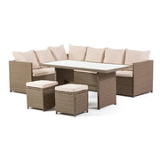 Siena – Set de grădină din poliratan cu colțar, două taburete și masă cu blat de sticlă, ideal pentru o zonă de relaxare elegantă și confortabilă.
