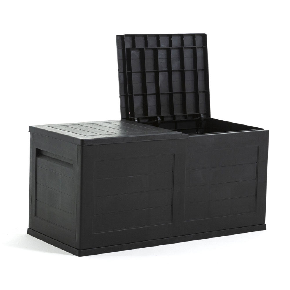 Tak – ladă de depozitare din rășină 300L, design efect lemn cu uși duble, ideală pentru grădină, terasă sau balcon.