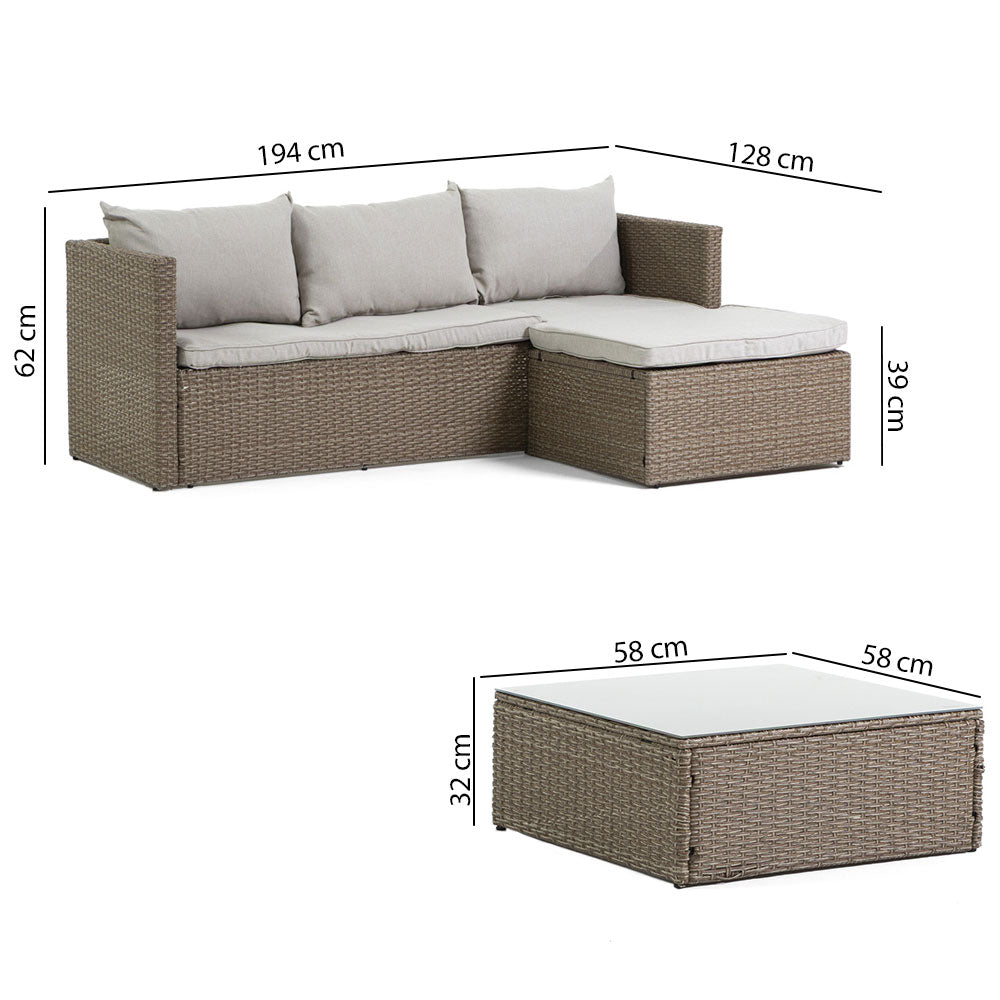 BURANO - Set de grădină tip colț cu canapea și măsuță, design elegant pentru spații outdoor