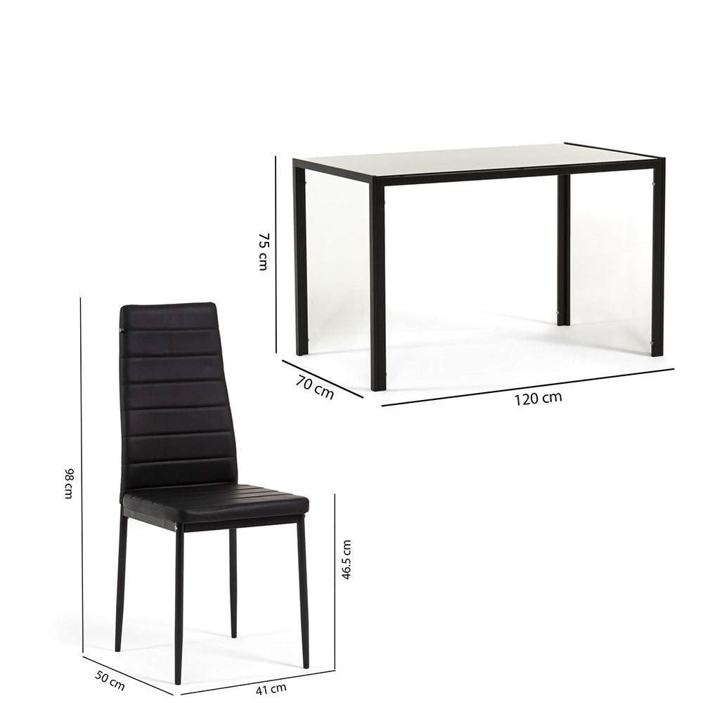 ETTORE & LIDIA - Set masă din metal cu blat din sticlă și 4 scaune din ecopiele