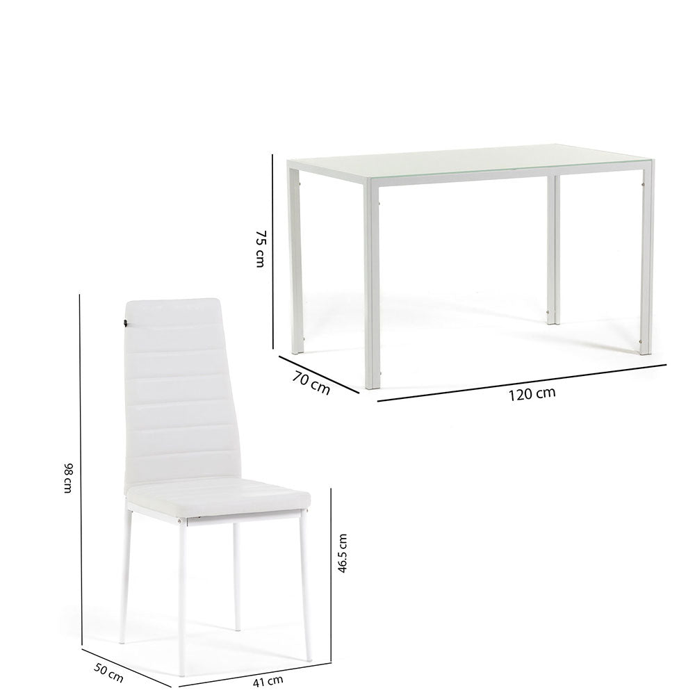 ETTORE & LIDIA - Set masă din metal cu blat din sticlă și 4 scaune din ecopiele