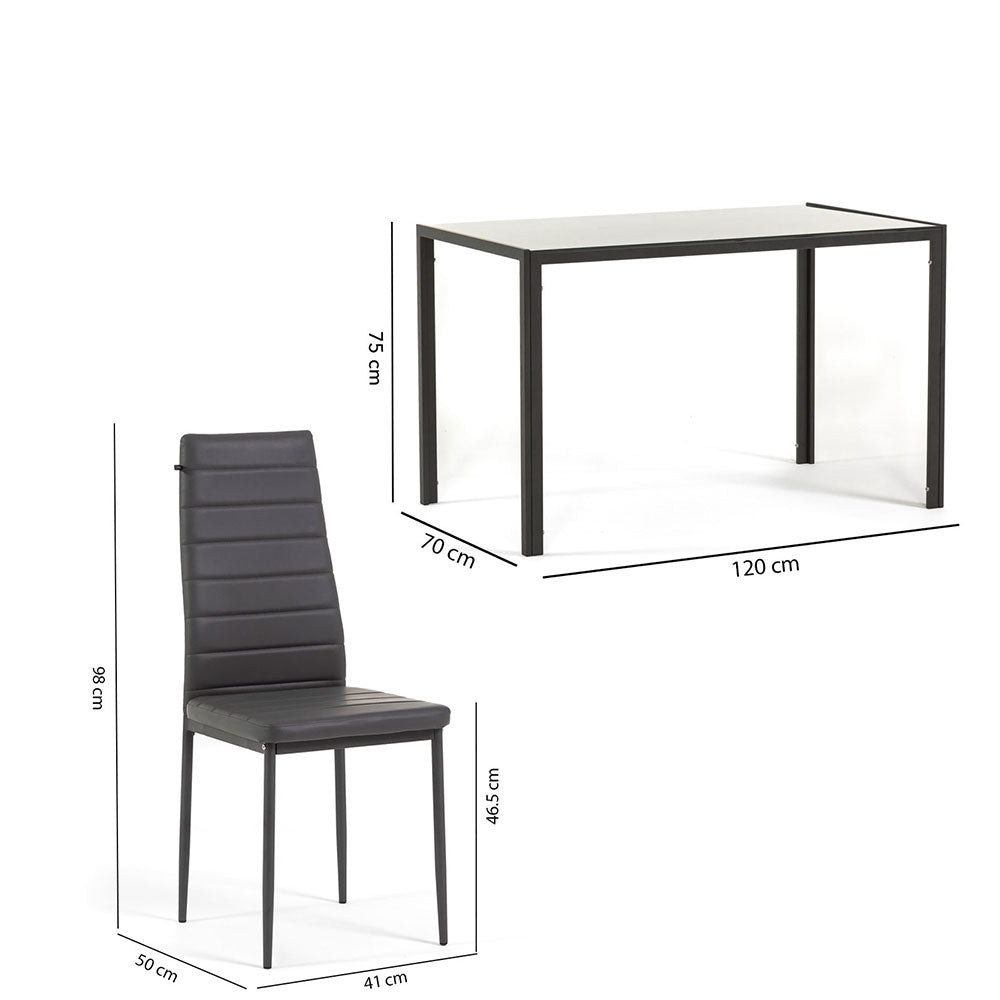 ETTORE & LIDIA - Set masă din metal cu blat din sticlă și 4 scaune din ecopiele
