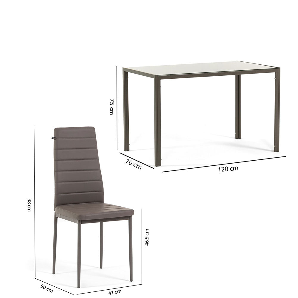 ETTORE & LIDIA - Set masă din metal cu blat din sticlă și 4 scaune din ecopiele