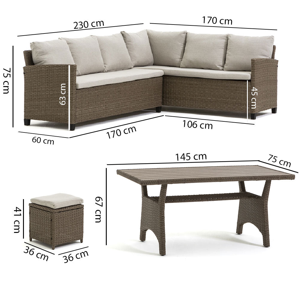FIRENZE - Set exterior poliratan cu divan colțar mare, poufuri și masă pentru dining
