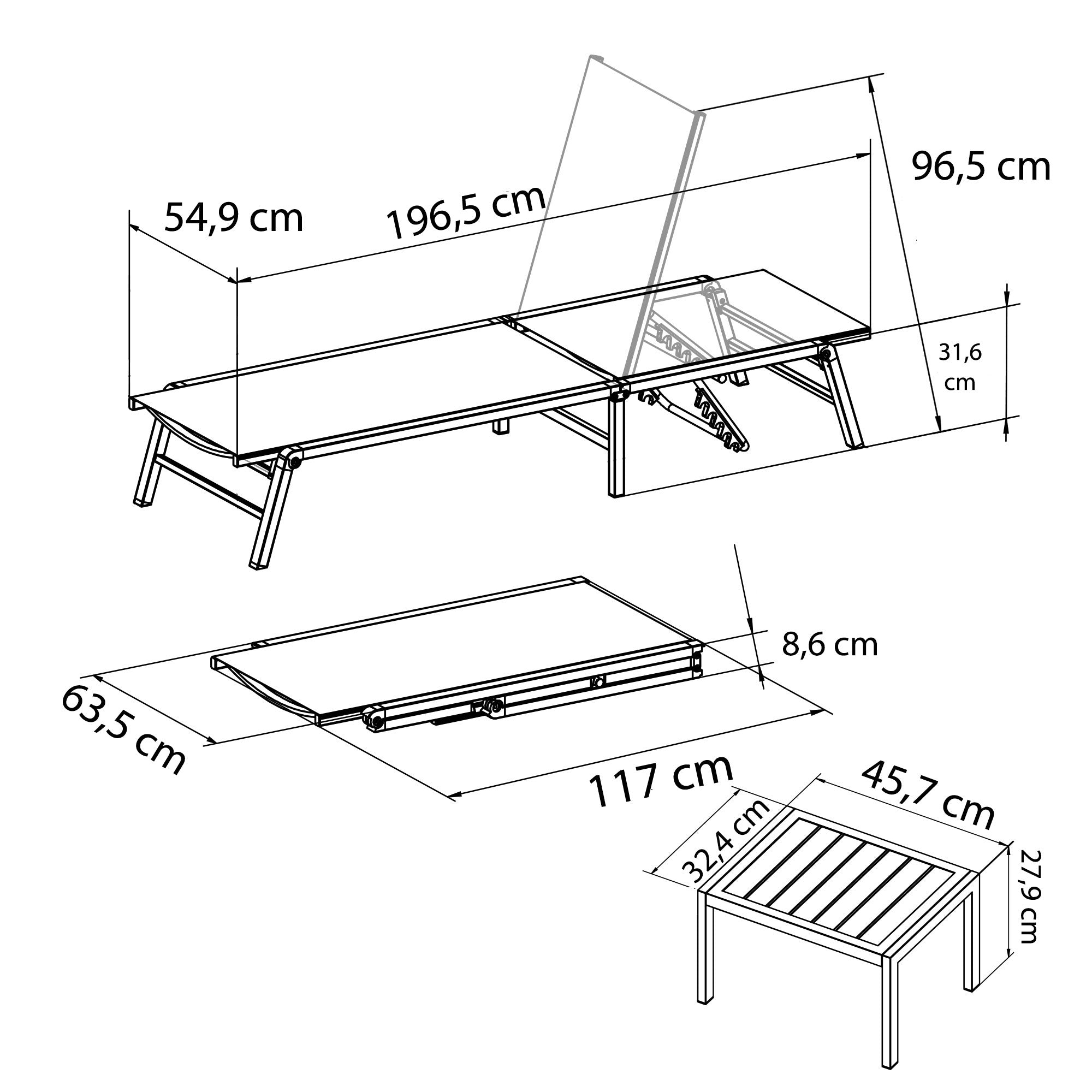 DUNA - Sezlonguri pliabile din aluminiu cu spătar reglabil și masă