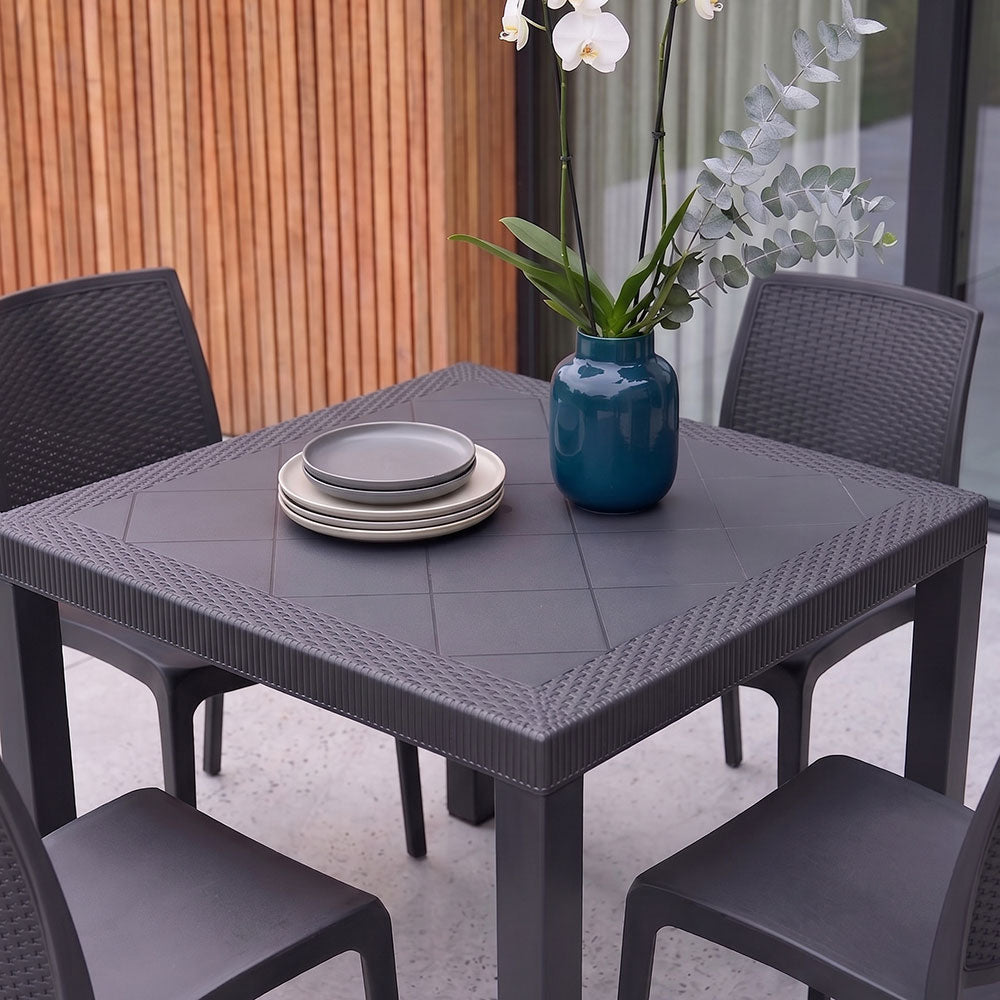 RAUL & ESTER - Set dining exterior cu masă pătrată și 4 scaune efect rattan